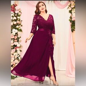 Elegant Maroon Lace Ruffle Evening Gown 3/4 Long Sleeve Plus Size 2X